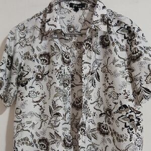 Casual Short-Sleeve Button-Down Shirt - White with Brown Floral